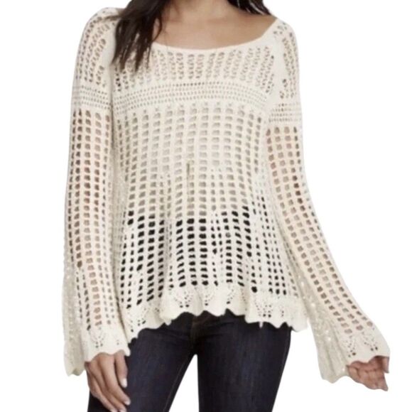 Free People Annabelle Crochet Open Knit Pullover Sweater Small Boho Fairy Grunge - Picture 2 of 7